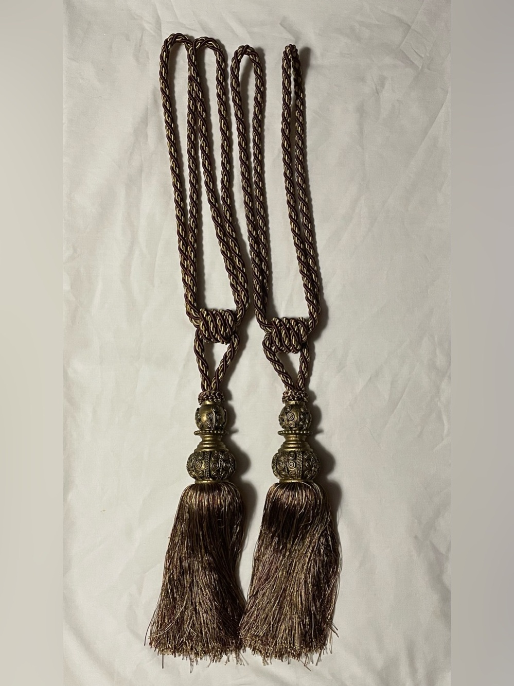 Vintage Large Tassel Curtain Tiebacks - Twisted Brown & Gold Braided Rope Pair